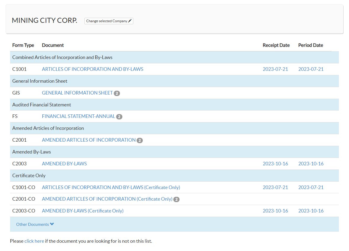 Preview of Mining City Corp. (SEC Reg. No. 2023070109042-00) filings on the SEC Express order page: Articles of Incorporation and By-Laws, General Information Sheet, Financial Statement Annual, Amended AOI, Amended By-Laws, and Certificate-Only copies.